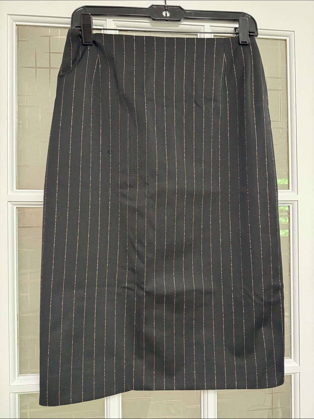 Escada Black Pencil Skirt with Gold Pinstripes